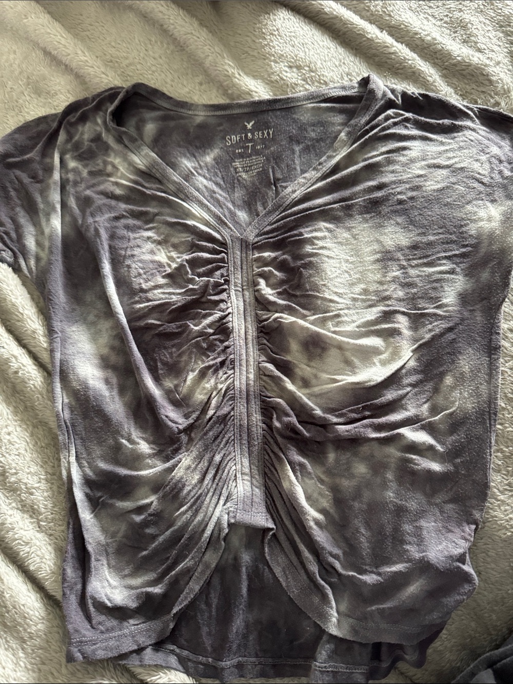 American Eagle Outfitters Gray Tie-Dye Ruched V-Neck Top